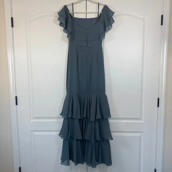 NWT Wayf Lauren Off the Shoulder Maxi Dress Granite Blue Ruffle Gown Size Small - Picture 4 of 12